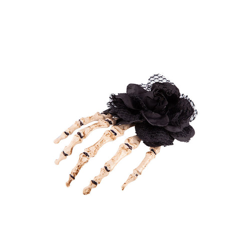 e-carnavalskleding-SYK Hand skelet haarclip met zwarte roos