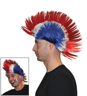 e-carnavalskleding-SYK Punk pruik hanekam rood wit blauw
