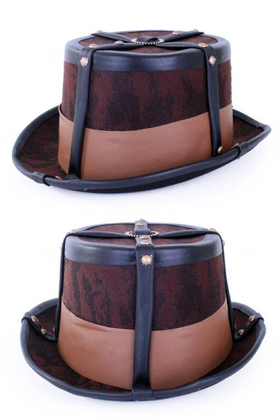 e-carnavalskleding-SYK Steampunk hoed bruin decoratief met elastieke band