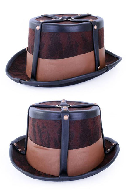 e-carnavalskleding-SYK Steampunk hoed bruin decoratief met elastieke band