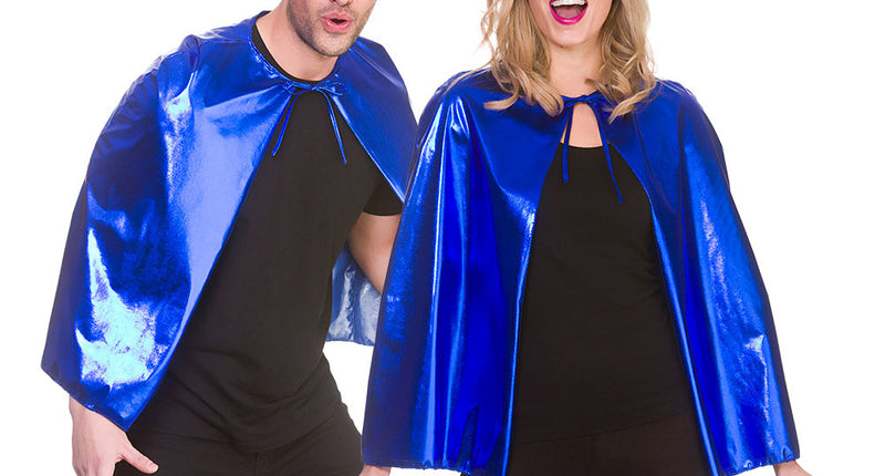e-carnavalskleding-SYK Super helden cape metallic met masker 60cm blauw