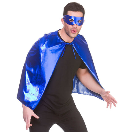 e-carnavalskleding-SYK Super helden cape metallic met masker 60cm blauw