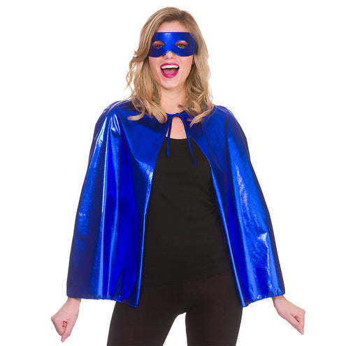 e-carnavalskleding-SYK Super helden cape metallic met masker 60cm blauw