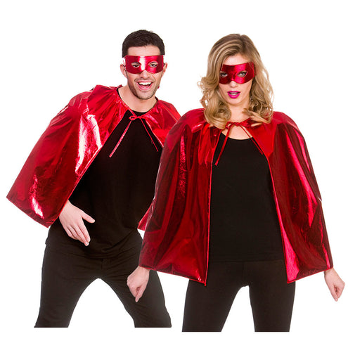 e-carnavalskleding-SYK Super helden cape metallic met masker 60cm rood