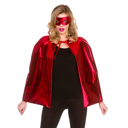 e-carnavalskleding-SYK Super helden cape metallic met masker 60cm rood
