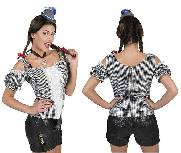 e-carnavalskleding-SYK Tiroler blouse dames zwart wit geblokt