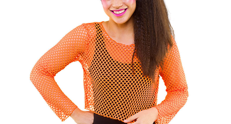 e-carnavalskleding-SYK Visnet shirt Maud 80- jaren neon oranje