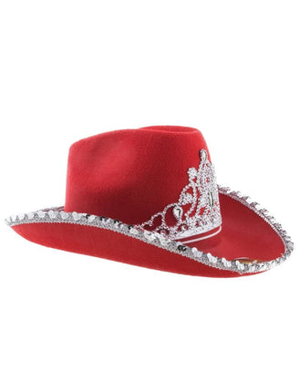 Rode cowboyhoed met kroon voor een westernfeest, zilverkleurige tiara voorop de bol