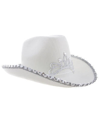Witte cowboyhoed met kroon als platte applicatie van zilveren pailletjes op de bol