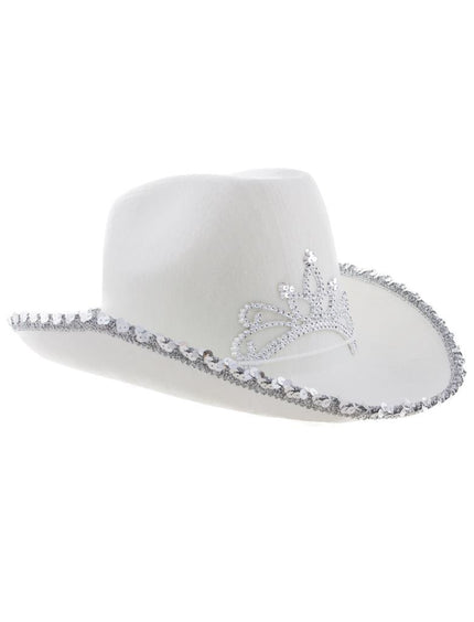 Witte cowboyhoed met kroon als platte applicatie van zilveren pailletjes op de bol