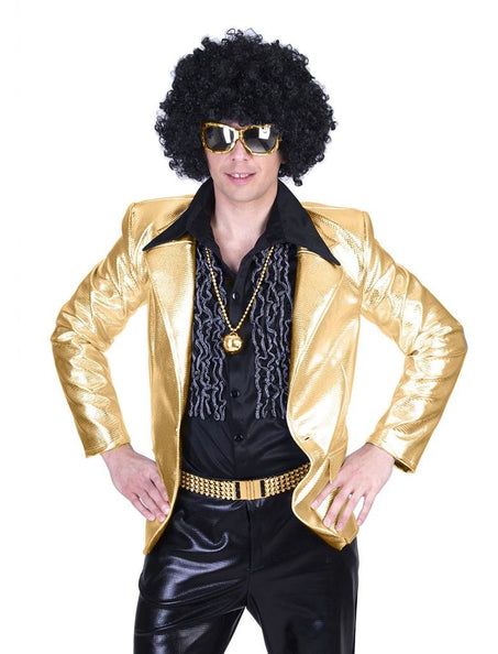 Disco Fever jasje goud heren van voren, metallic colbert met brede revers gedragen voor een jaren 70-feest