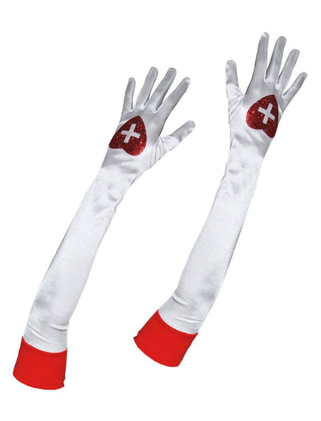 Handschoenen verpleegster in wit met rood glitterhartje, wit kruis en rode boord, tot over de elleboog