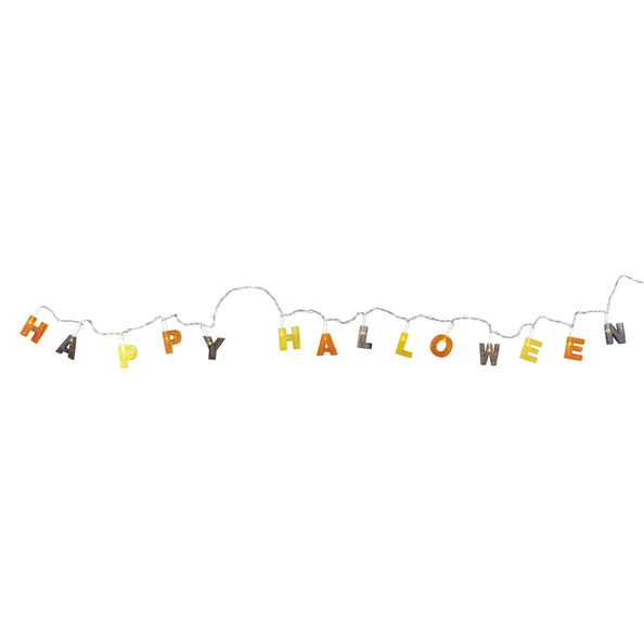 Lichtslinger Happy Halloween met oranje, gele en zwarte glitterletters aan een transparant snoer