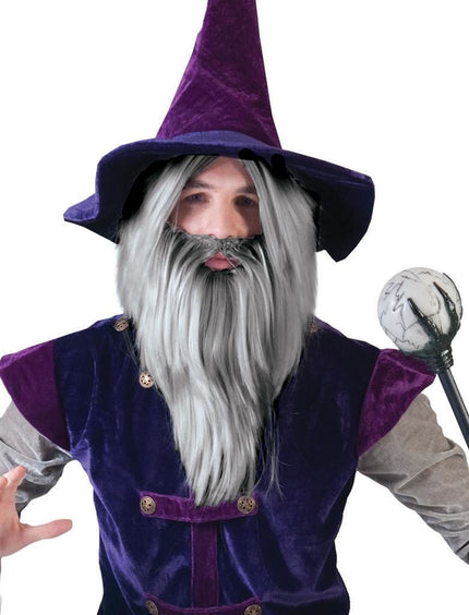 Funny Fashion Pruik en baard tovenaar Halloween grijs