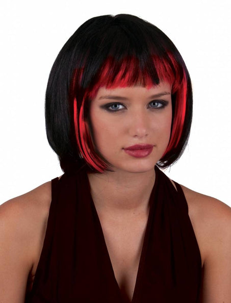 Pruik sexy Holly zwart met rood: korte bobpruik met rechte pony en rode highlights voor dames