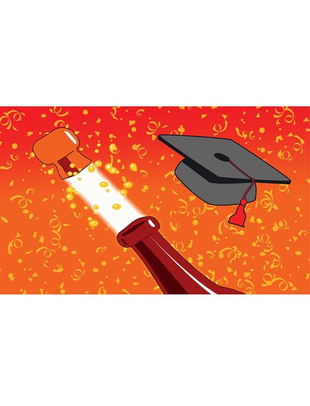 Vlag graduation met knallende champagnefles en grijze afstudeerhoed op oranjerood met confetti, voor een geslaagdenfeest