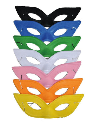 Vlinder oogmasker Mila in zeven kleuren onder elkaar: zwart, blauw, groen, wit, roze, oranje en geel