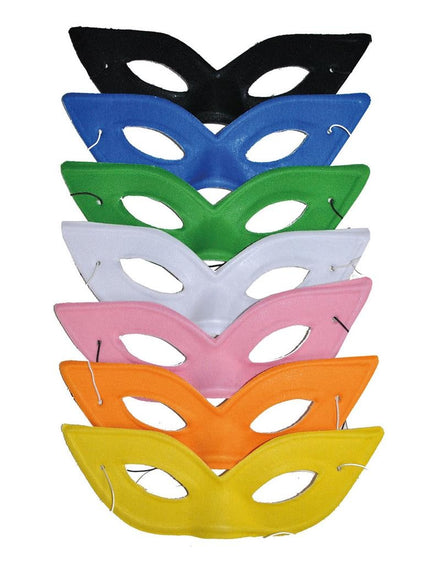 Vlinder oogmasker Mila in zeven kleuren onder elkaar: zwart, blauw, groen, wit, roze, oranje en geel