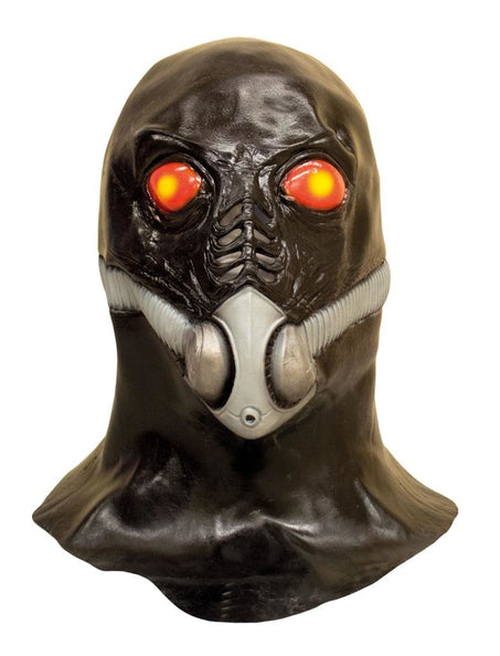 Zuurstof masker Engerd van zwart latex met rood-gele ogen en zilvergrijs mondstuk met slangen, voor Halloween