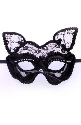 PartyXplosion Oogmasker poes met kant zwart/wit LUXE