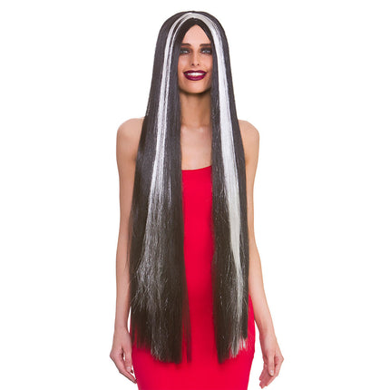 Wicked Costumes Zwarte pruik extra lang haar met zilveren highlights